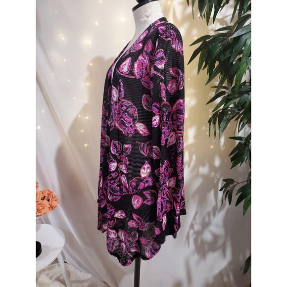 Aqua Blues Floral Sheer Mesh Open Asymmetrical Cardigan Topper Size 2X Beach - Picture 2 of 9